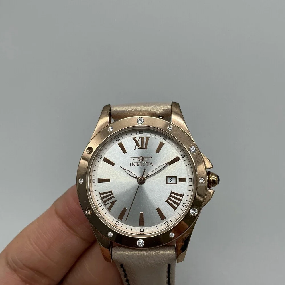 Invicta Angel Womens Watch 33mm Silver Rose Gold Tone Beige Leather New Battery